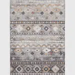 Full view of the Boho Mirage Rug featuring geometric patterns and earthy tones of sandy beige, warm browns, and soft blues.