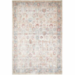 The Bustan Rug featuring intricate floral patterns, a soft beige base, and accents of blue, red, and taupe, showcasing its timeless design in a full view.