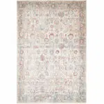 The Bustan Rug featuring intricate floral patterns, a soft beige base, and accents of blue, red, and taupe, showcasing its timeless design in a full view.
