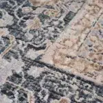 Close-up texture of Babylon Rose Rug, showing intricate floral and geometric patterns in navy, beige, and terracotta tones.