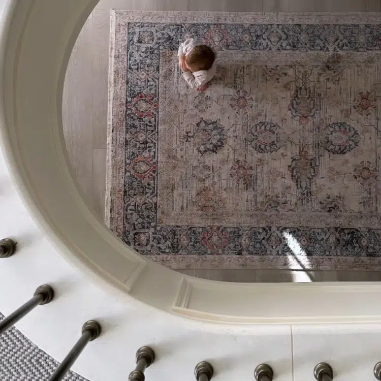 Overhead view of Babylon Rose Rug, featuring intricate medallion patterns with a classic design in a neutral, elegant setting.
