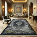 Algiers Rug - A luxurious Persian-style carpet with 700 reeds and 2550 density, featuring intricate floral motifs in black and gold tones.