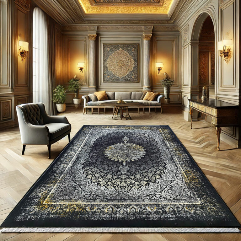 Algiers Rug - A luxurious Persian-style carpet with 700 reeds and 2550 density, featuring intricate floral motifs in black and gold tones.