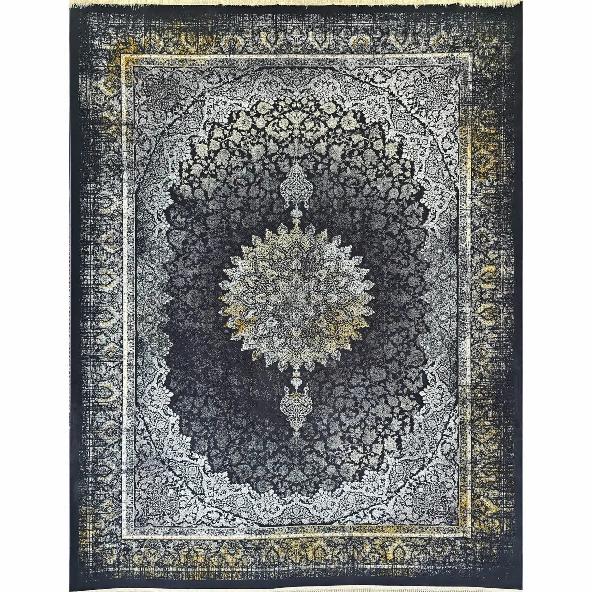 Close-up of Algiers Rug, a Persian-style carpet with intricate floral patterns in black, ivory, and gold, made from acrylic with a cotton backing.