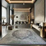 High-end Persian carpet – Alhambra Royal Rug with intricate floral patterns, 1200 reeds, 3600 density, and a rich color palette, placed in a luxurious modern interior.