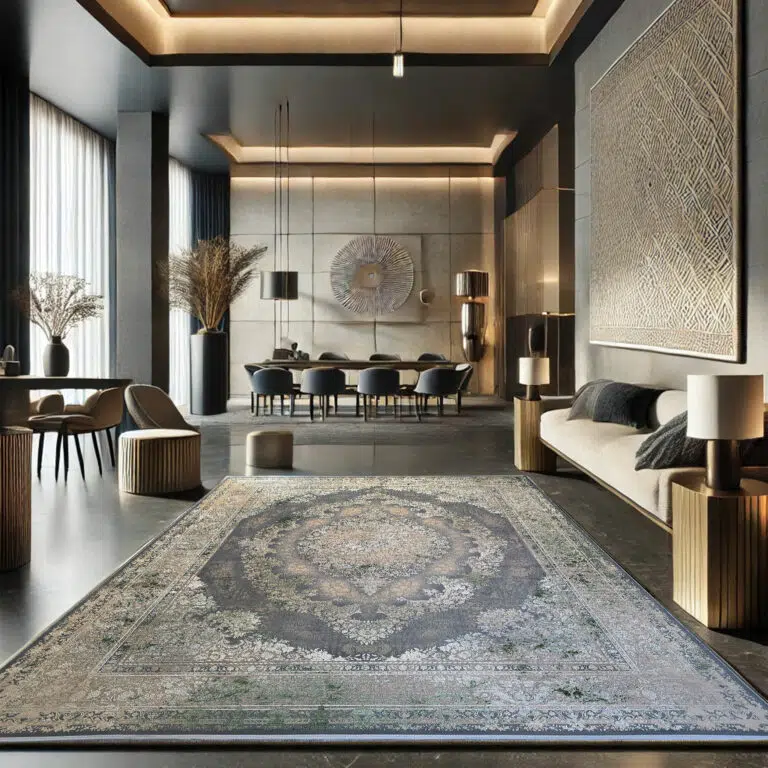 High-end Persian carpet – Alhambra Royal Rug with intricate floral patterns, 1200 reeds, 3600 density, and a rich color palette, placed in a luxurious modern interior.