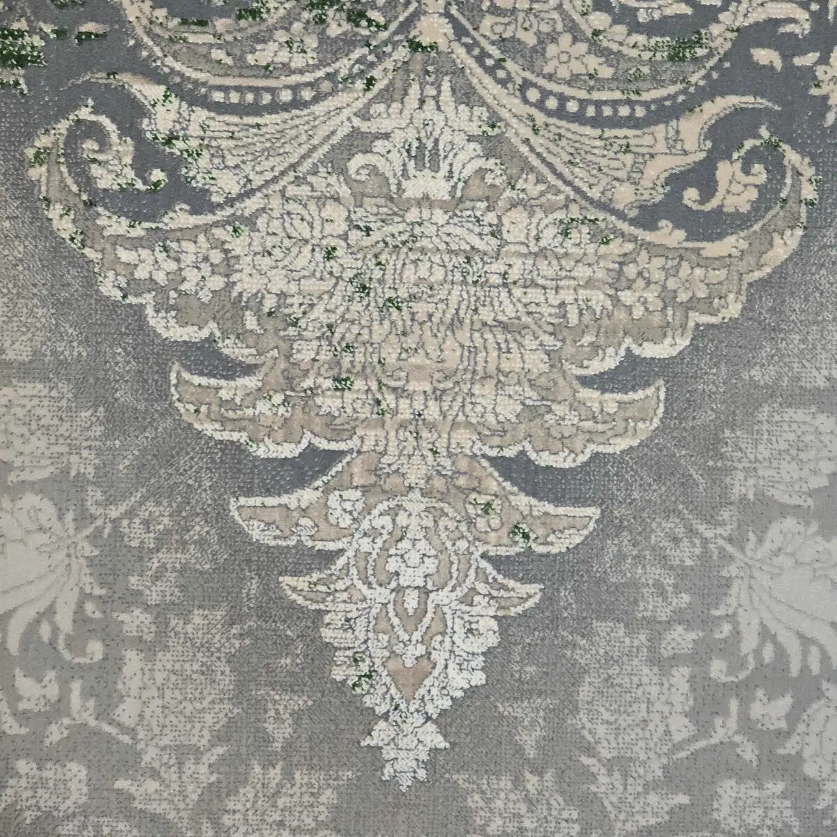 Macro close-up of Alhambra Royal Rug highlighting its dense weaving, intricate Persian floral patterns, and premium 1200 reeds, 3600 density acrylic material.