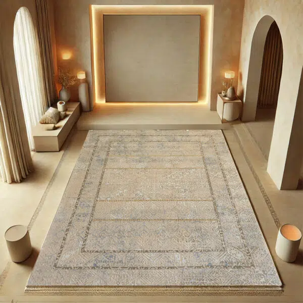 Atlas Bohemian Carpet – A 480 reeds, 1600 density rug featuring intricate Bohemian patterns in soft desert sand and blue hues, perfect for modern and rustic interiors.