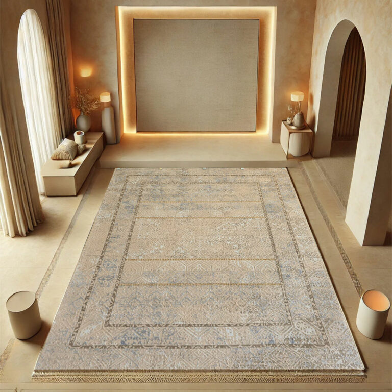Atlas Bohemian Carpet – A 480 reeds, 1600 density rug featuring intricate Bohemian patterns in soft desert sand and blue hues, perfect for modern and rustic interiors.