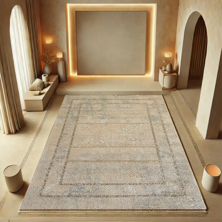Atlas Bohemian Carpet – A 480 reeds, 1600 density rug featuring intricate Bohemian patterns in soft desert sand and blue hues, perfect for modern and rustic interiors.