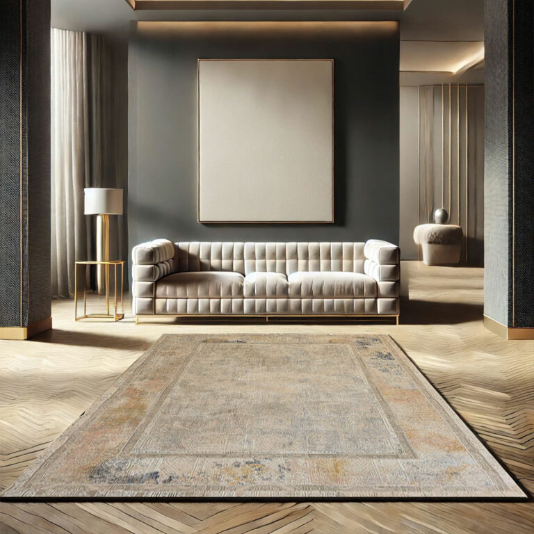 Luxury Babylon Rug with 480 reeds and 1600 density, featuring a timeless distressed design in warm beige and earth tones, perfect for modern and classic interiors.