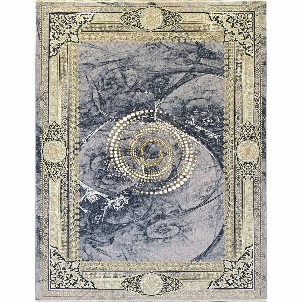 A full-view image of the Baghdad Carpet, showcasing its intricate gold and grey medallion design with refined border detailing.