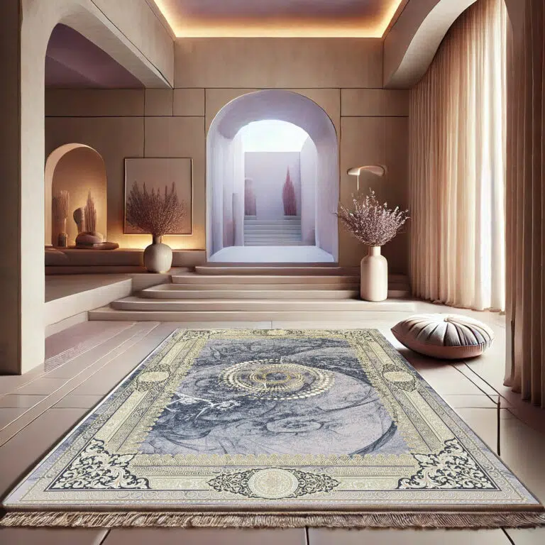 The Baghdad Carpet, a high-end classic rug featuring an intricate medallion and border design in gold and grey, perfect for luxury interiors.