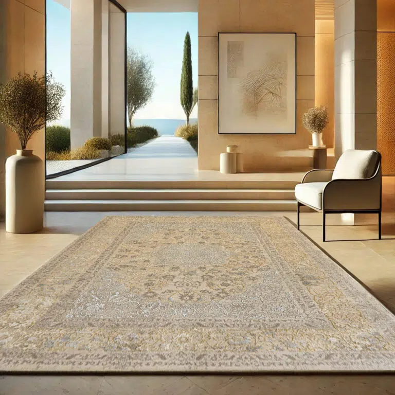 Luxury Baroness Carpet in an elegant modern villa, featuring intricate floral and ornamental patterns in neutral beige, sand, and gold hues. A premium 480 reeds, 1600 density rug for high-end interiors.