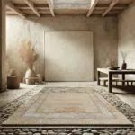 Boho Mirage Rug in warm desert tones, featuring intricate geometric patterns, perfect for minimalist and bohemian-inspired spaces.