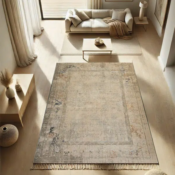 Bukhara Aesthetics Rug – A 480 reeds, 1600 density luxury rug featuring an elegant distressed design in desert sand and muted blue tones, perfect for modern and classic interiors.