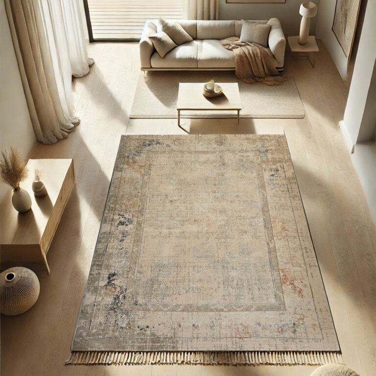Bukhara Aesthetics Rug – A 480 reeds, 1600 density luxury rug featuring an elegant distressed design in desert sand and muted blue tones, perfect for modern and classic interiors.