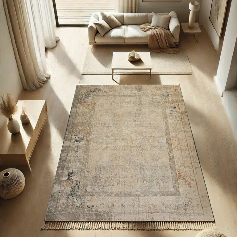 Bukhara Aesthetics Rug – A 480 reeds, 1600 density luxury rug featuring an elegant distressed design in desert sand and muted blue tones, perfect for modern and classic interiors.