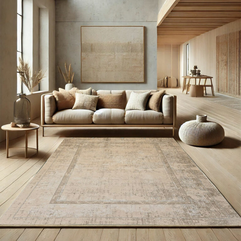 Bukhara Silk Rug - A premium 480 reeds, 1600 density modern distressed carpet in soft beige and taupe tones, perfect for luxury interiors.