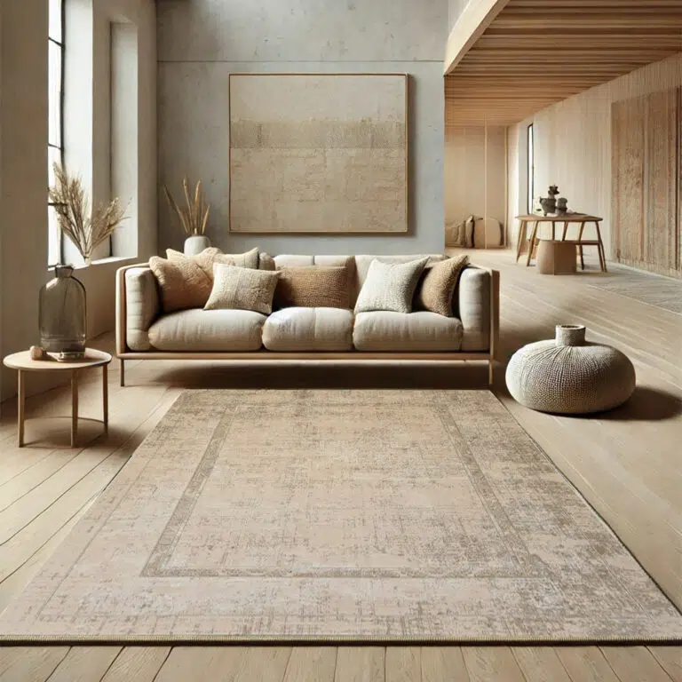 Bukhara Silk Rug - A premium 480 reeds, 1600 density modern distressed carpet in soft beige and taupe tones, perfect for luxury interiors.