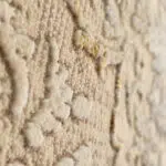 A close-up shot of the Celeste Rug’s soft, high-pile texture, featuring intricate Persian floral designs in beige, ivory, and gold tones.