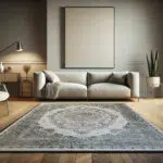 Elegant Persian carpet – Celestial Carpet with 1200 reeds, 3600 density, intricate floral medallion design, and a Grey Golden Haze distressed aesthetic, perfect for luxury interiors and Gulf wholesale markets.