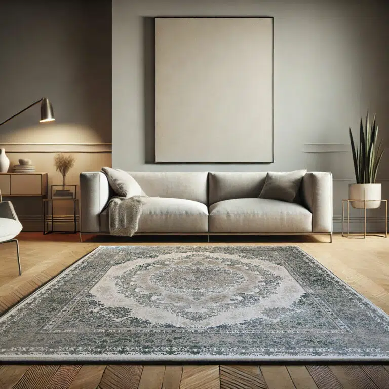 Elegant Persian carpet – Celestial Carpet with 1200 reeds, 3600 density, intricate floral medallion design, and a Grey Golden Haze distressed aesthetic, perfect for luxury interiors and Gulf wholesale markets.