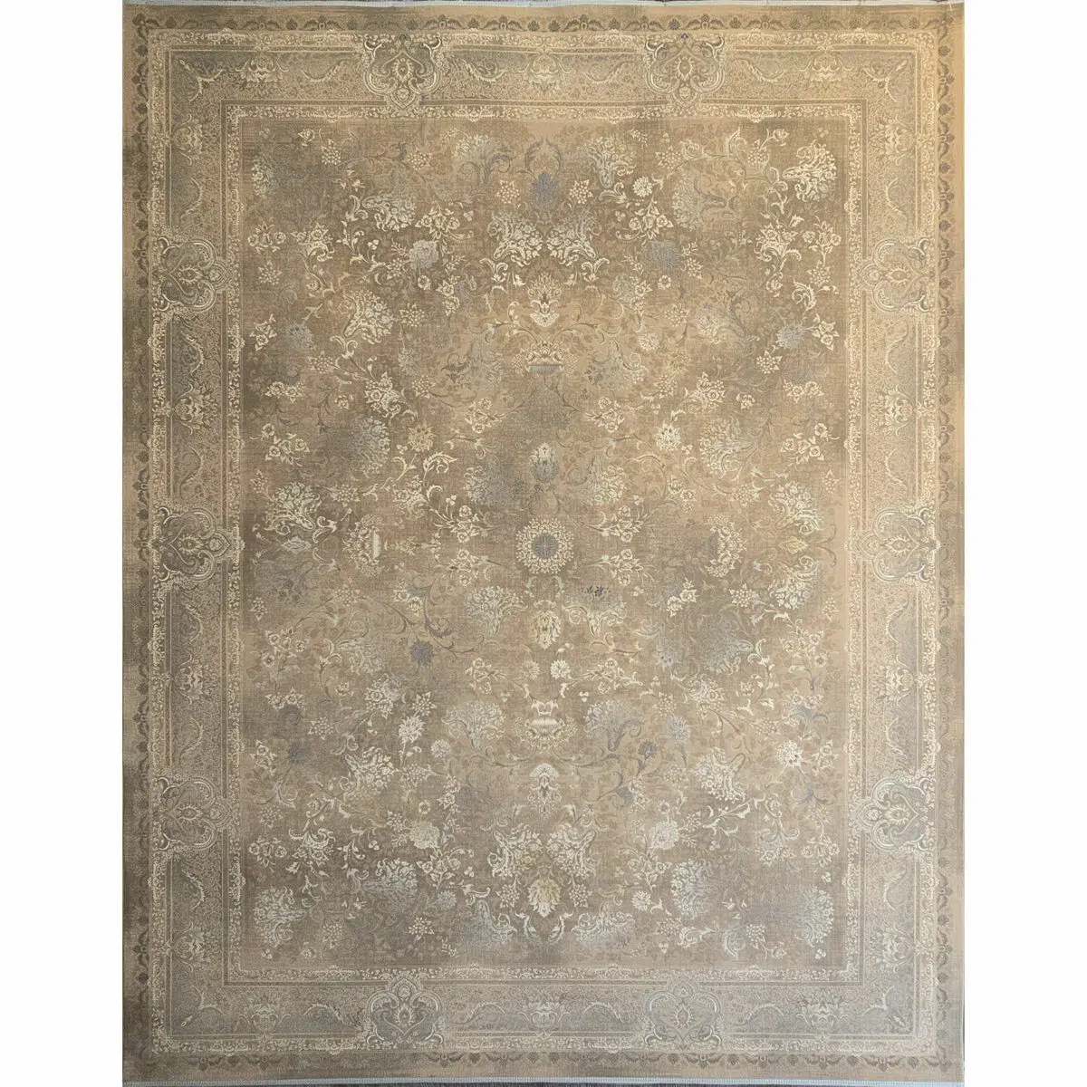 Full view of Damascus Heritage Rug, a 1200 reeds, 3600 density Persian carpet featuring intricate floral motifs, an ornate border, and a distressed vintage aesthetic. Designed for luxury homes, boutique hotels, and high-end wholesale buyers.