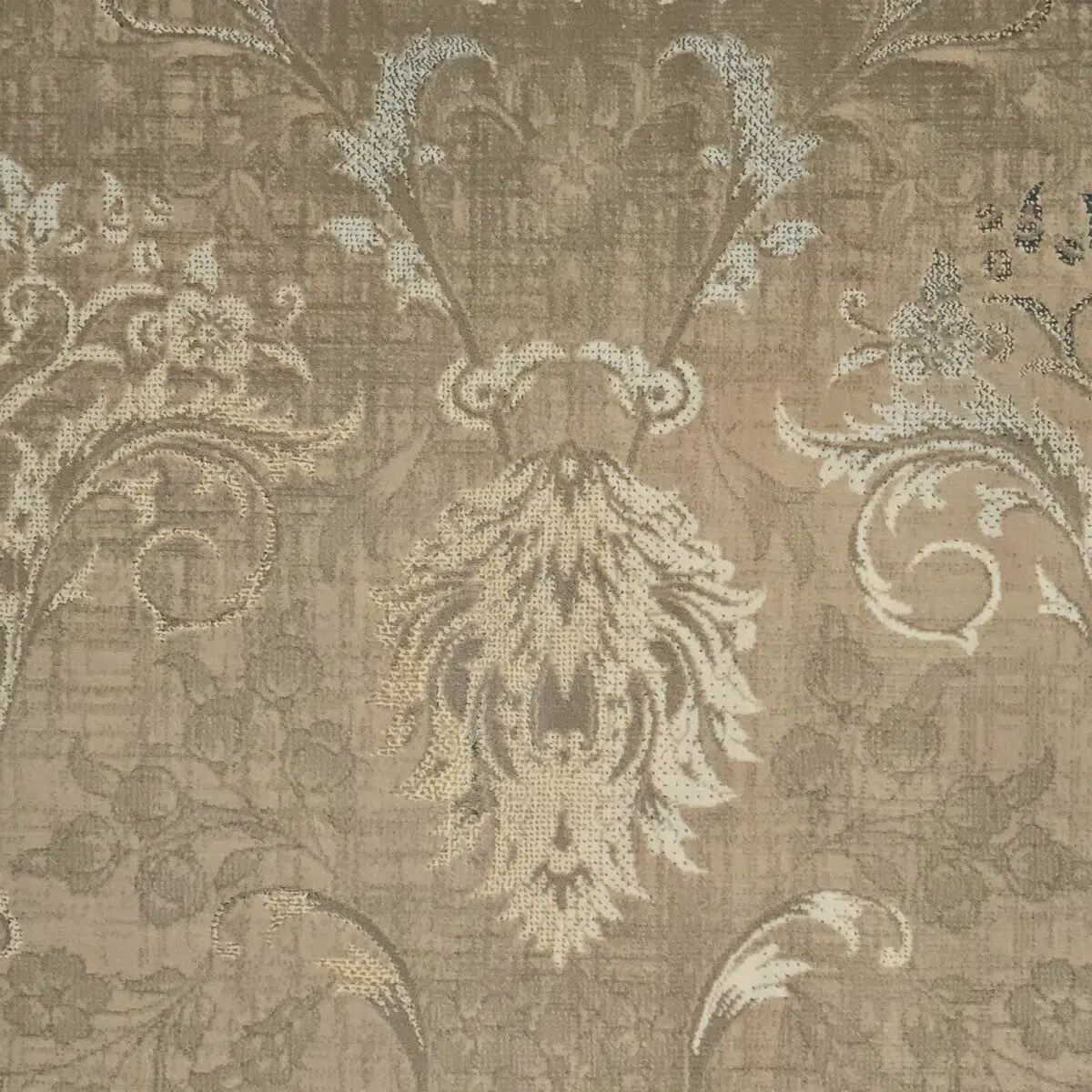 Extreme close-up of Damascus Heritage Rug, showcasing intricate floral detailing, vintage distressed finish, and high-density weaving (1200 reeds, 3600 density) for luxury interiors and premium wholesale buyers.