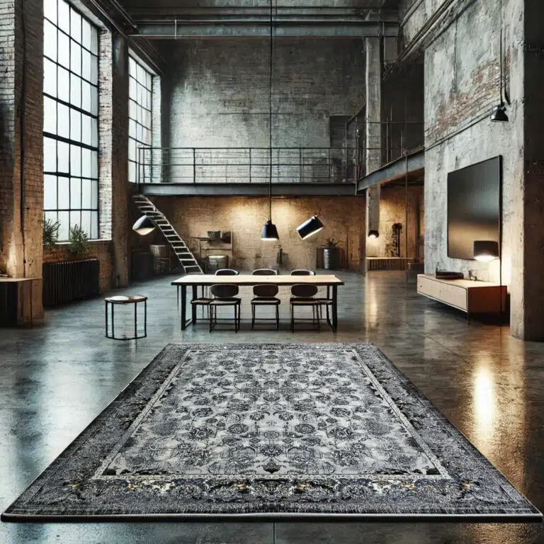 A luxurious black and gold Persian carpet placed in a modern industrial loft with high ceilings.
