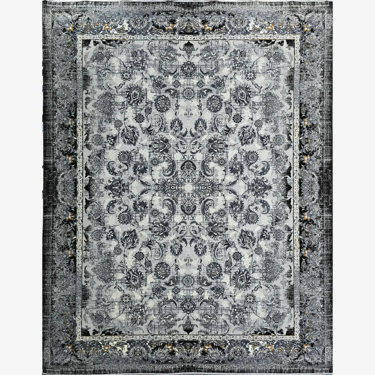 A full-frame image of the Dubai Carpet displaying its intricate patterns and luxurious distressed finish.