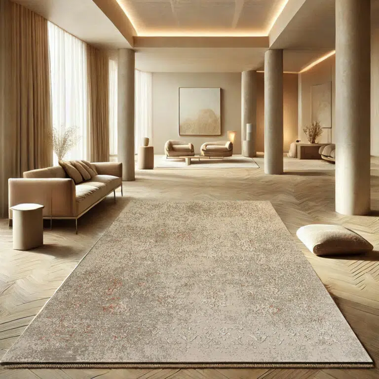 Dune Luxury Rug – A modern beige and taupe area rug with a soft distressed design, perfect for high-end interiors, hotels, and luxury living spaces.