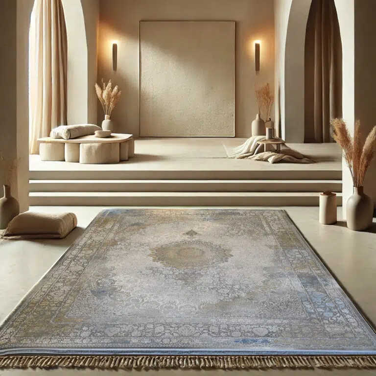 Emir Carpet with an intricate medallion centerpiece, framed by floral motifs and a vintage distressed effect in soft gold, silver, and sky blue hues. Ideal for elegant interiors and luxury spaces.