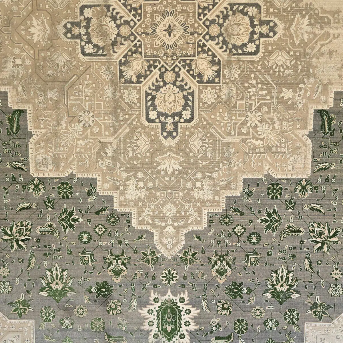 Close-up view of the Royal Heriz Carpet, showcasing its intricate medallion design, 1200 reeds weaving, and delicate floral motifs in beige and green tones.