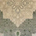 Close-up view of the Royal Heriz Carpet, showcasing its intricate medallion design, 1200 reeds weaving, and delicate floral motifs in beige and green tones.
