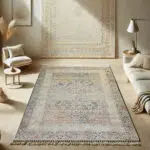 A beautifully styled Kazakh Rug featuring intricate distressed geometric patterns in neutral tones, adding warmth and elegance to a modern, minimalist interior.