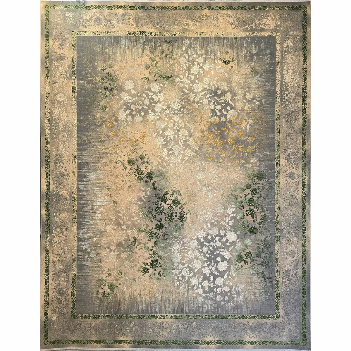 Samarra Carpet featuring a unique blend of abstract floral patterns in soft gold, green, and grey, designed for luxury interiors, hotels, and high-end living spaces.