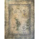 Samarra Carpet featuring a unique blend of abstract floral patterns in soft gold, green, and grey, designed for luxury interiors, hotels, and high-end living spaces.