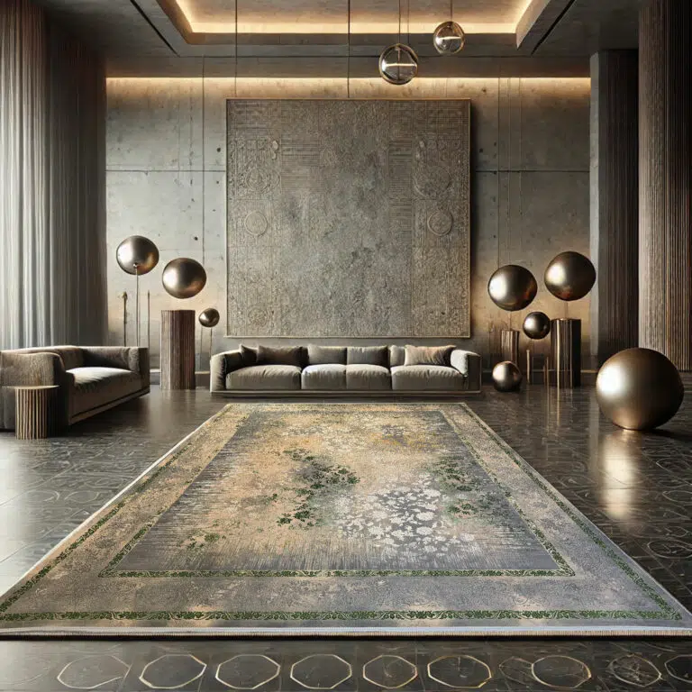 Samarra Carpet featuring an abstract floral design in muted gold and green tones, perfect for luxury interiors, boutique hotels, and designer spaces.