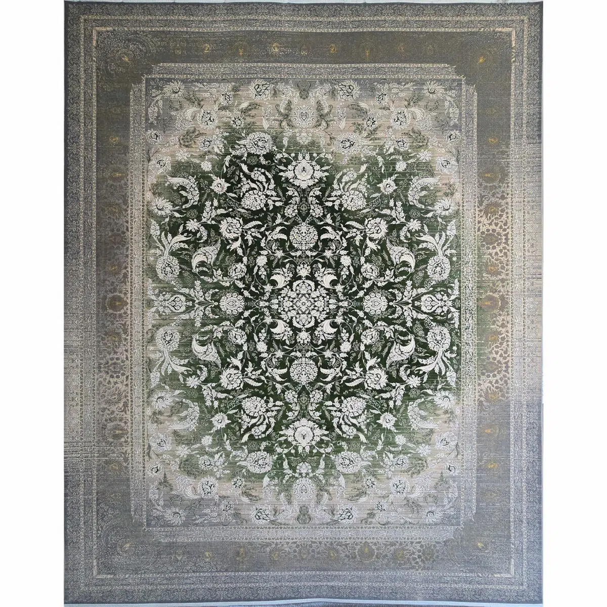 A luxurious Majestic Carpet featuring an intricate floral pattern in rich green and muted grey, designed for high-end interiors and luxury spaces.