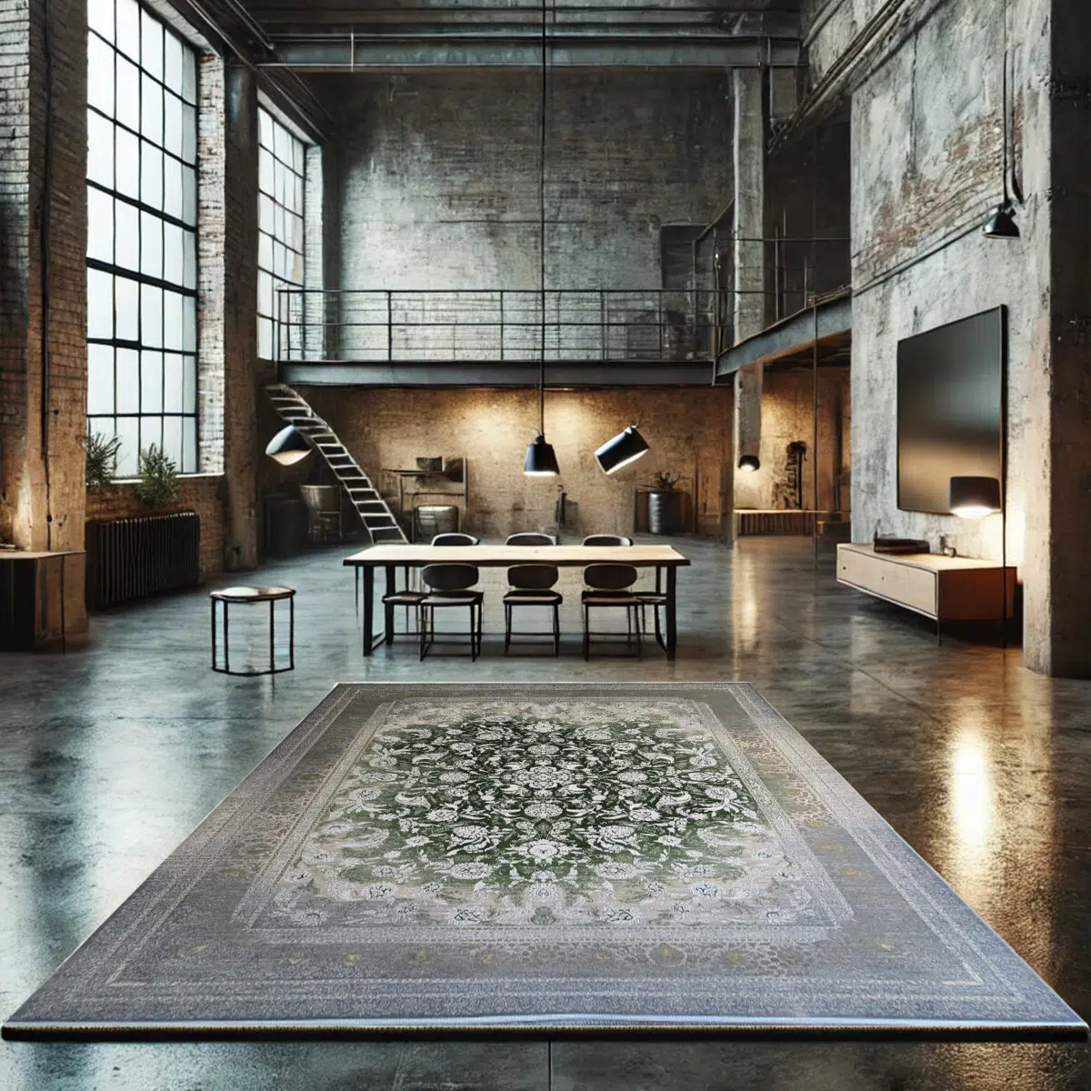 A stunning Majestic Carpet featuring intricate floral patterns in shades of green and grey, placed in an industrial modern interior.