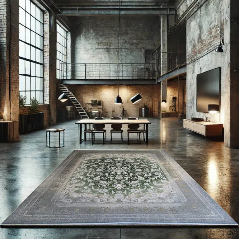 A stunning Majestic Carpet featuring intricate floral patterns in shades of green and grey, placed in an industrial modern interior.