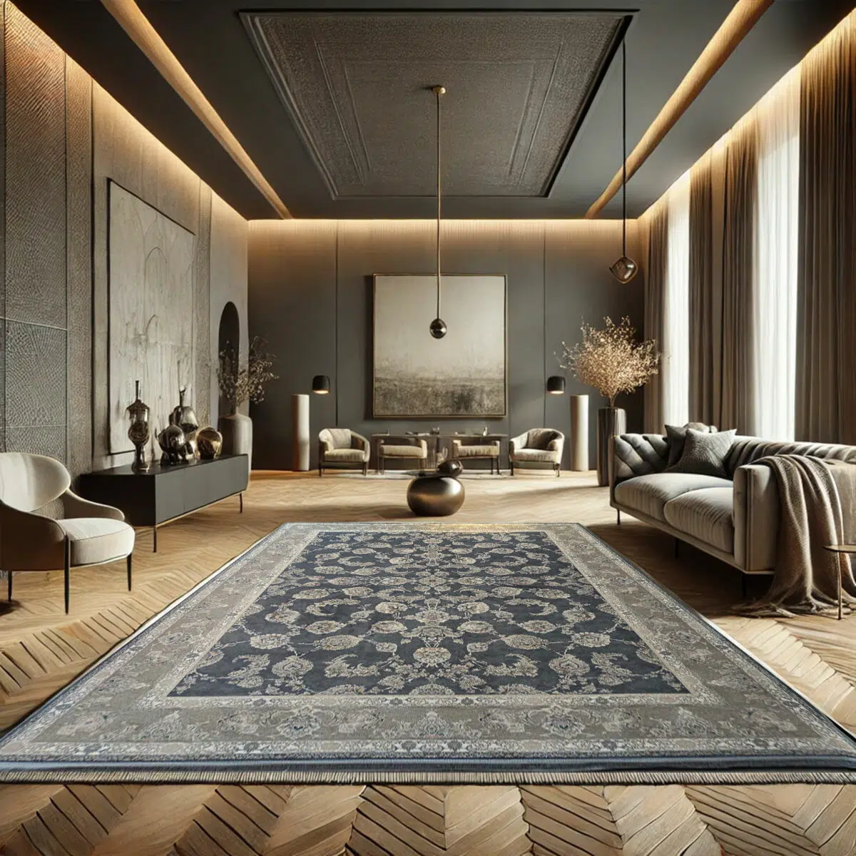 Elegant Malik Carpet with a deep navy and beige floral pattern, crafted with 1200 reeds for premium quality and timeless luxury.
