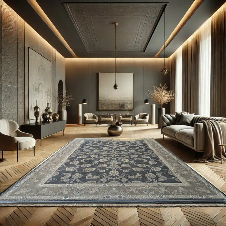 Elegant Malik Carpet with a deep navy and beige floral pattern, crafted with 1200 reeds for premium quality and timeless luxury.