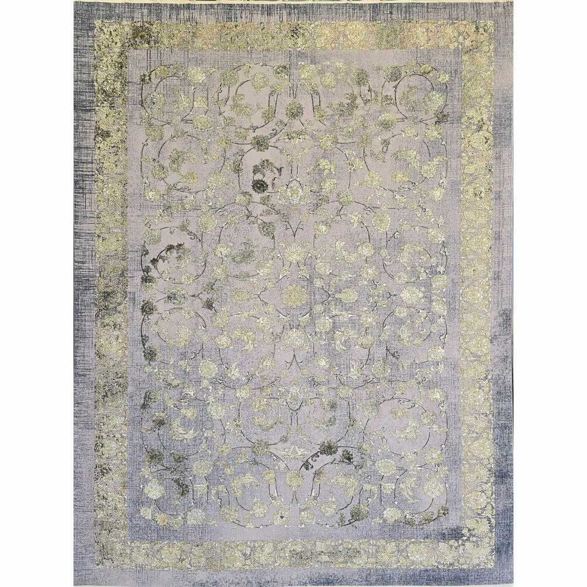 A full-view image of the Najran Carpet, showcasing its intricate floral pattern and soft gold-silver tones, perfect for luxury interiors.