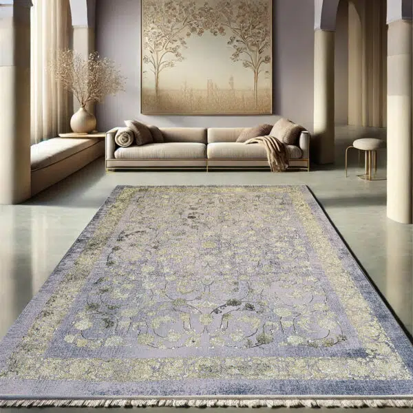 The Najran Carpet, a high-end classic rug featuring an intricate floral pattern with soft gold and silver hues, ideal for luxury interiors.