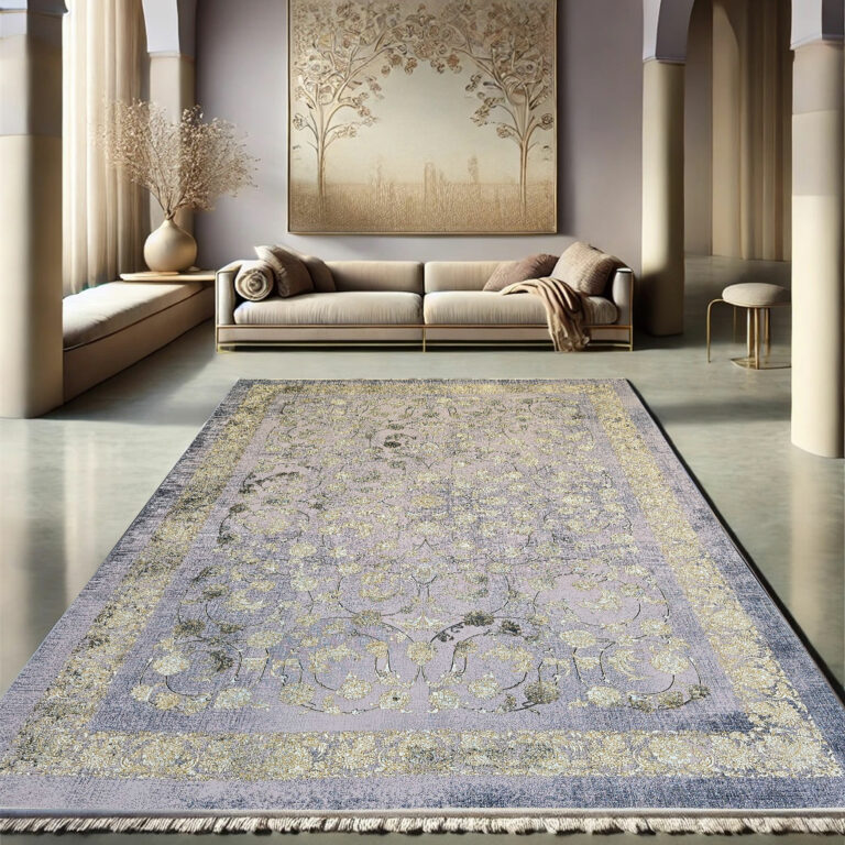 The Najran Carpet, a high-end classic rug featuring an intricate floral pattern with soft gold and silver hues, ideal for luxury interiors.