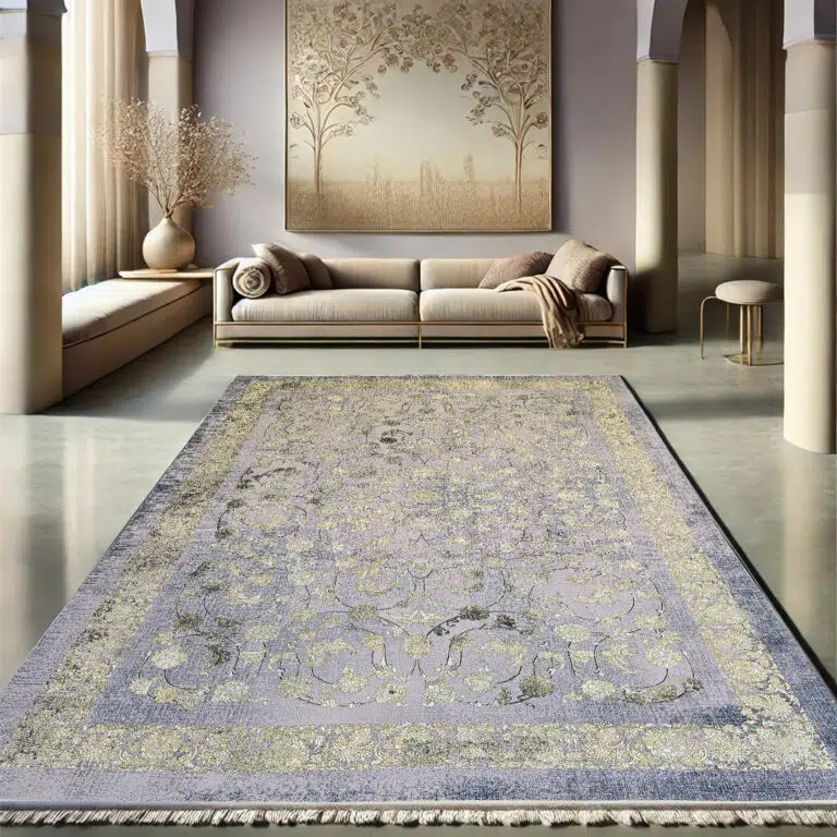The Najran Carpet, a high-end classic rug featuring an intricate floral pattern with soft gold and silver hues, ideal for luxury interiors.