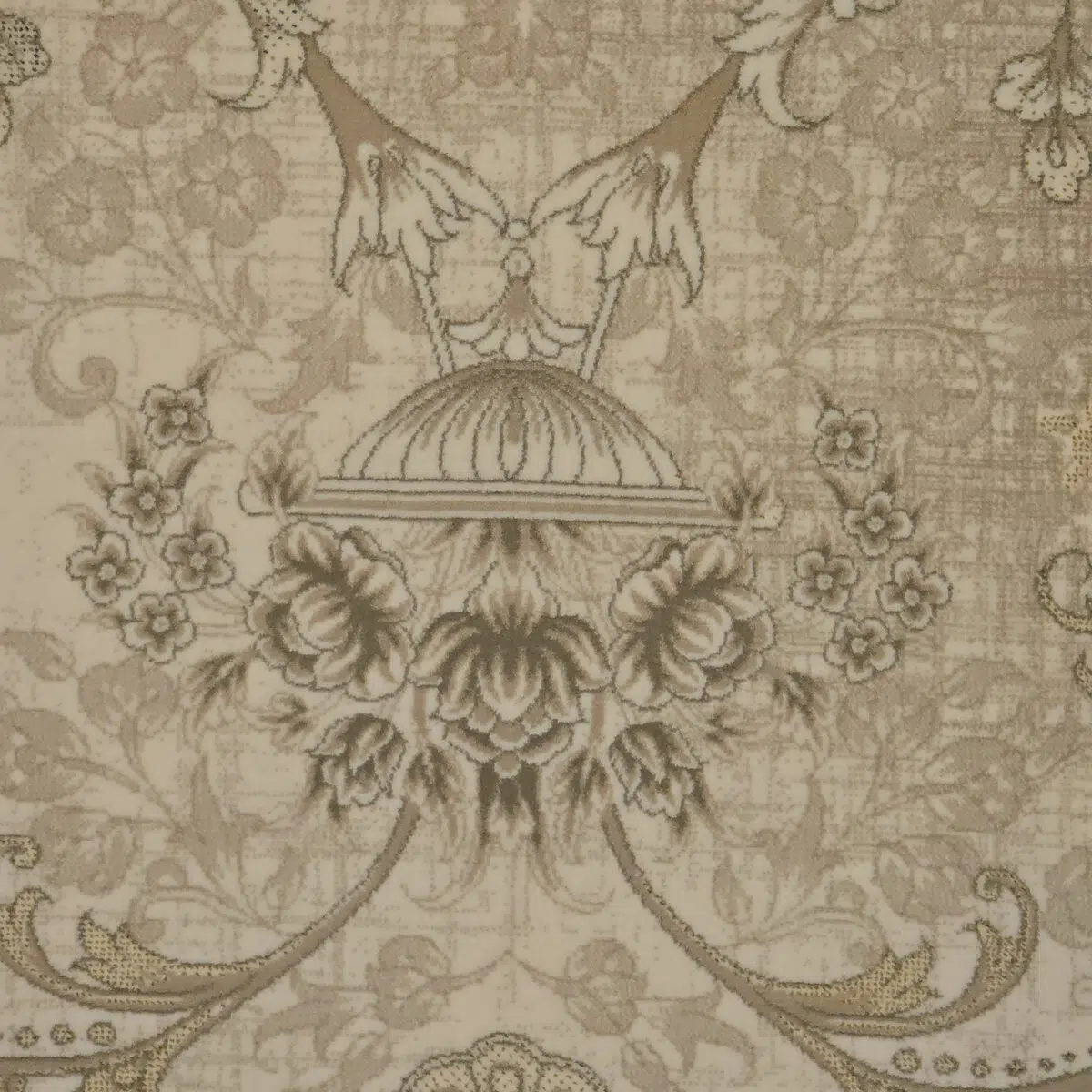 A highly detailed close-up of Noor Carpet, featuring an exquisite Persian dome-inspired motif with floral embellishments in warm beige and gold.