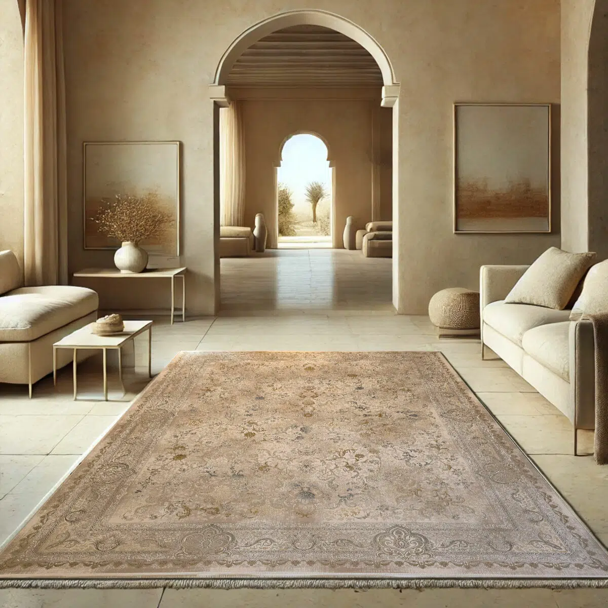 Luxurious Noor Carpet featuring an intricate distressed pattern in warm beige and gold tones, enhancing a modern Arabian interior.